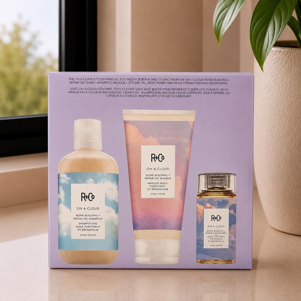 $116 R+Co On A Cloud Bond Building Hair Repair Gift Set Shampoo Masque Oil New